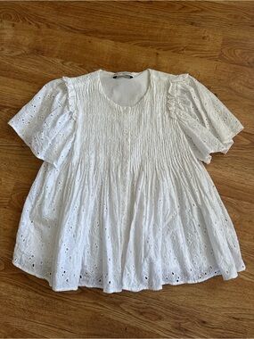 English Factory White Smocked Cotton Eyelet Top XS Button Up